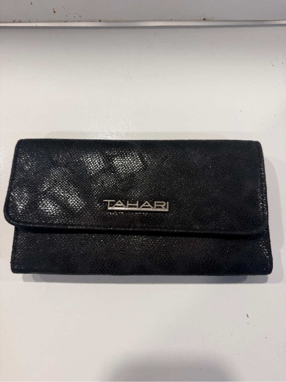 Tahari Black Textured Envelope Clutch with Silver Logo